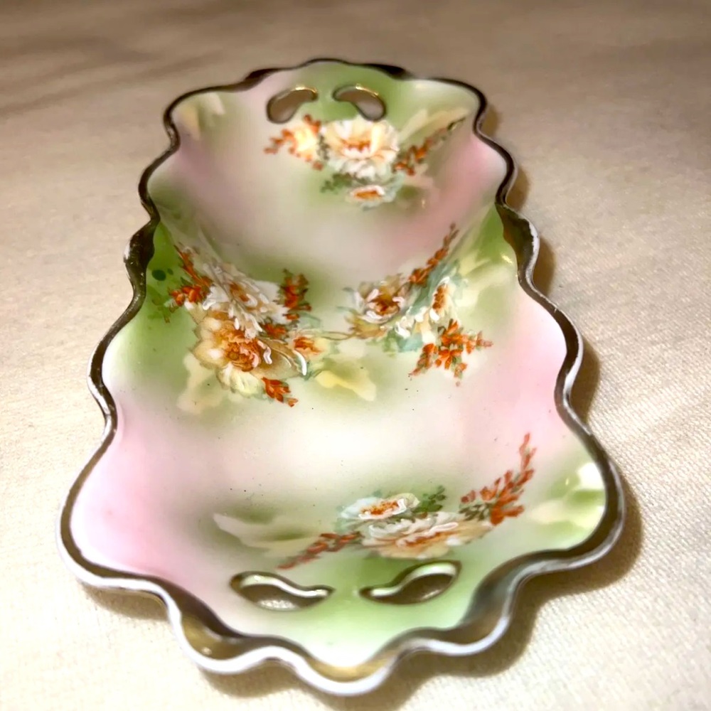 Vintage MZ Austria GreenFloral  Serving Dish  Hand Painted Jewelry dish
